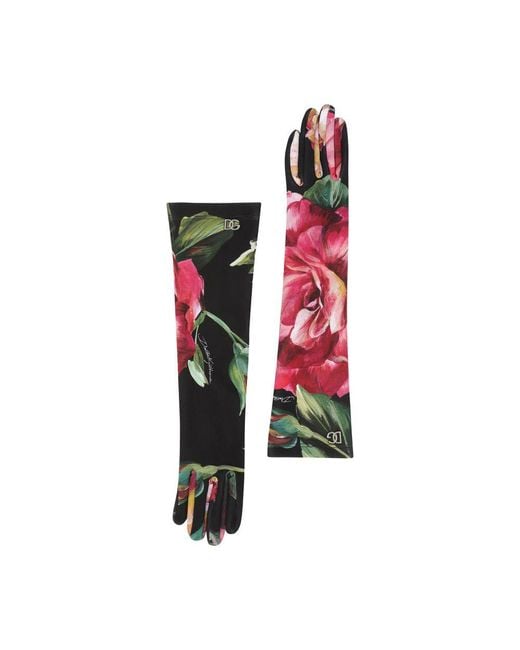 Dolce & Gabbana Red Rose-Print Jersey Gloves With Logo