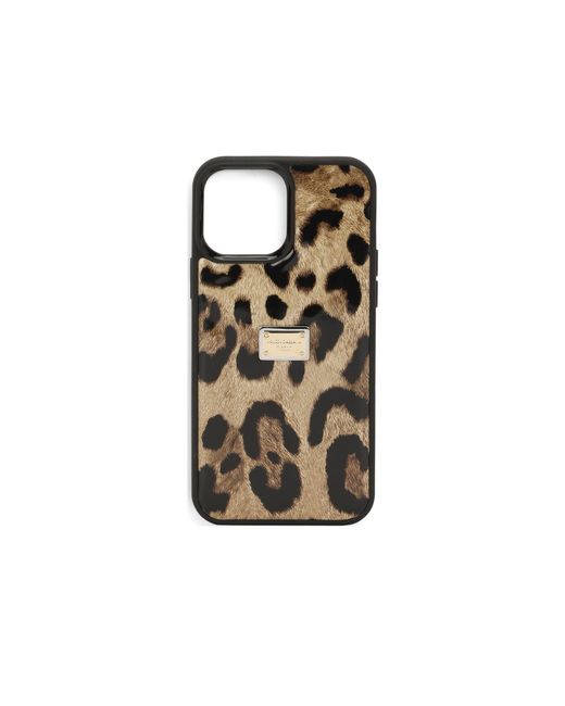 Dolce & Gabbana Black Hülle für iPhone 14 Pro Max aus poliertem Kalbsleder mit Leopardenmuster