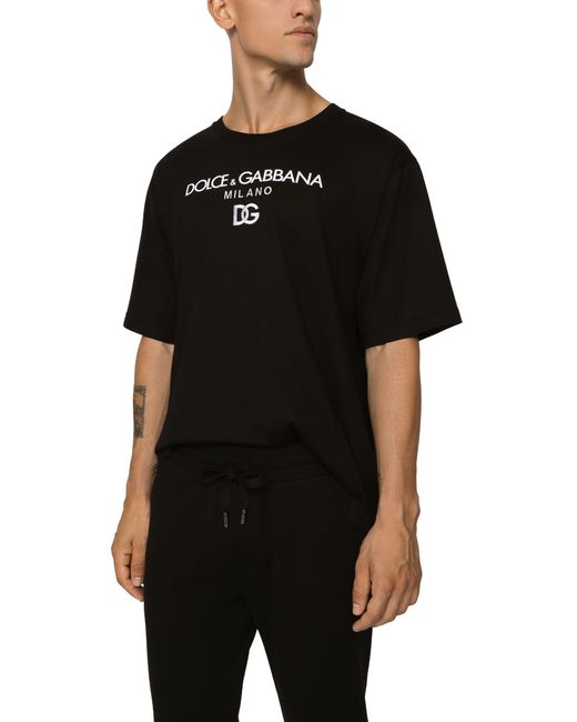 Dolce & Gabbana Black Cotton T-shirt With Dg Embroidery for men