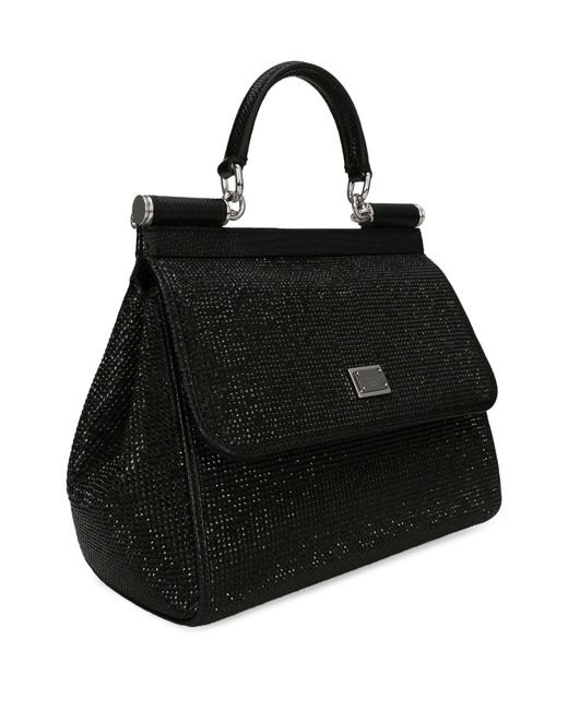 Dolce & Gabbana Black Small Satin Sicily Bag With Fusible Rhinestones