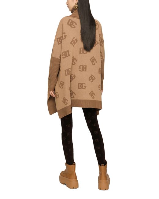 Dolce & Gabbana Brown Short Wool Turtle-Neck Poncho With Dg Inlay