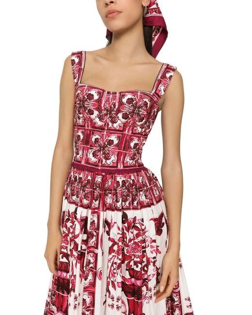 Dolce & Gabbana Red Midi-Bustierkleid aus Popeline mit Majolika-Print
