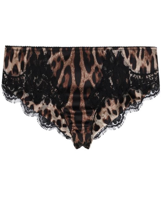 Dolce & Gabbana Black Leopard-print Satin Briefs With Lace Detailing