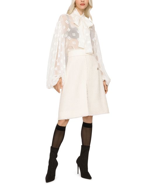 Dolce & Gabbana White Raschel Tweed Midi Skirt With Central Slit