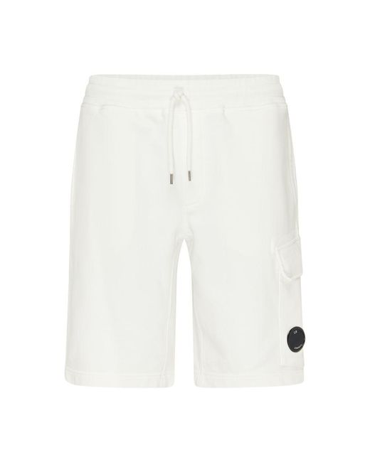 C P Company White Diagonal Fleece Cargo Shorts for men