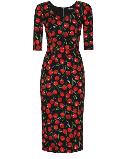 Robe mi-longue en charmeuse à imprimé cerises Dolce & Gabbana en coloris Red