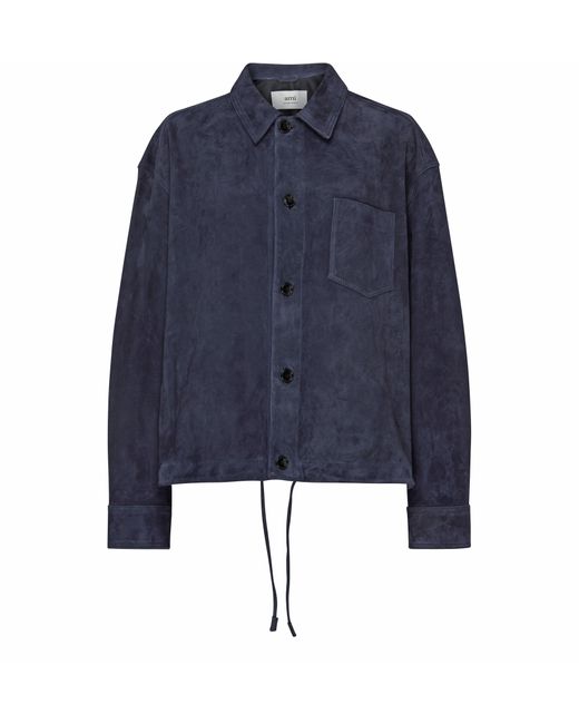 AMI Blue Suede Button-up Overshirt for men