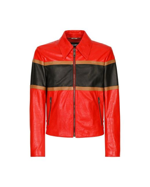 Dolce & Gabbana Red Leather Jacket With Inserts for men
