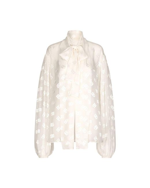 Dolce & Gabbana White Devoré Satin Pussy-bow Shirt With All-over Dg Logo