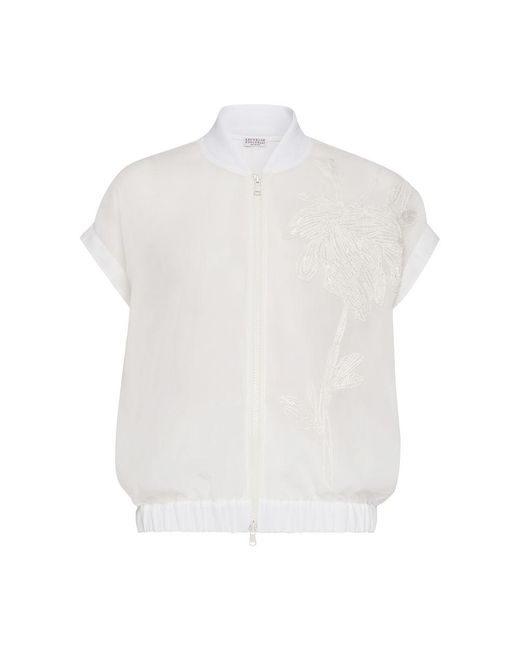 Brunello Cucinelli White Aviator Jacket With Shiny Embroidery