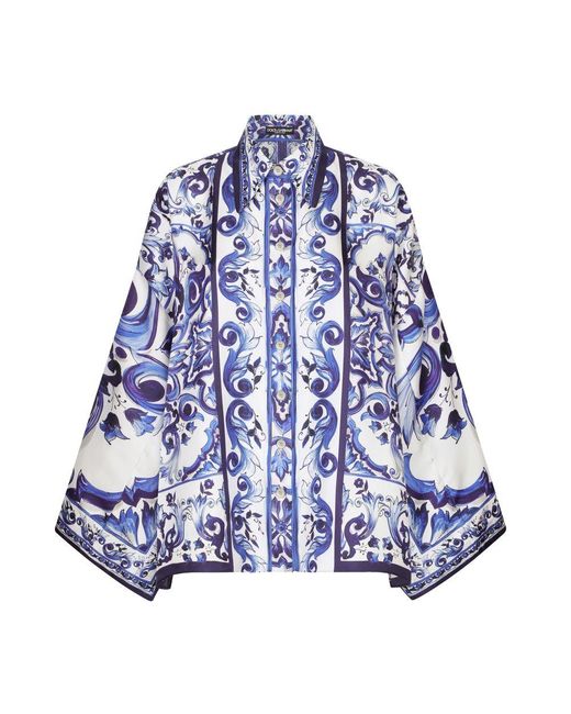 Dolce & Gabbana Blue Maiolica Printed Twill Shirt With Slits