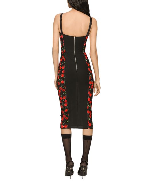 Dolce & Gabbana Red Cherry-Print Stretch Calf-Length Corset Dress