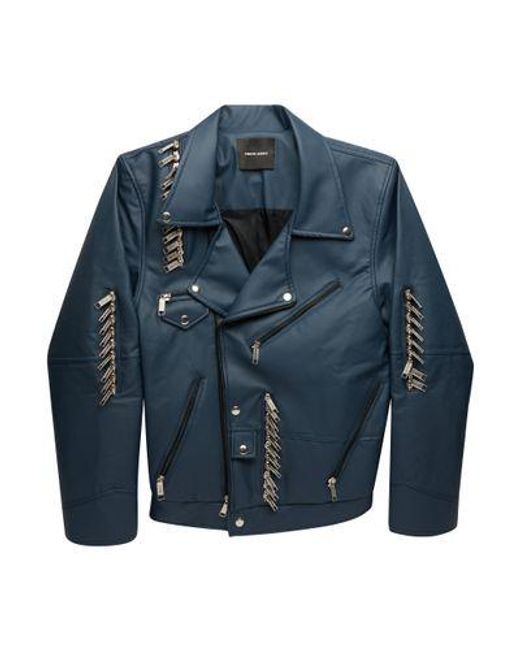 TOKYO JAMES Blue Vegan Leather Cropped Biker Jacket