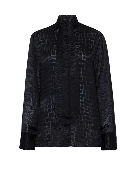 Versace Black Crocodile Print Shirt With Lavaliere Collar