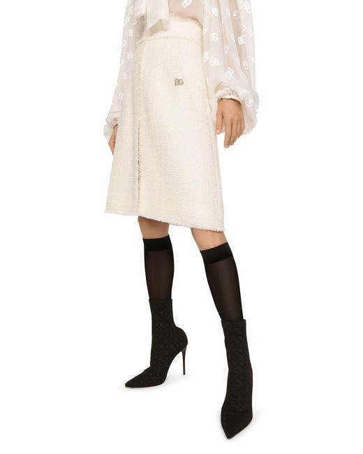 Dolce & Gabbana White Raschel Tweed Midi Skirt With Central Slit