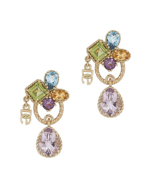 Dolce & Gabbana Metallic 18kt Yellow Gold Pierced Earrings Withmulticolors Gemstones