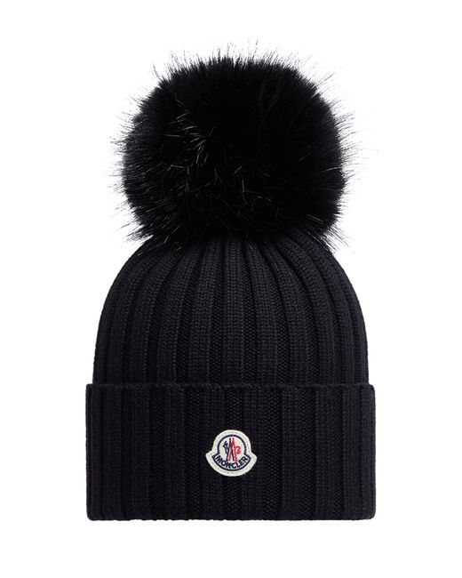 Moncler Black Mütze Mit Logo Und Bommel