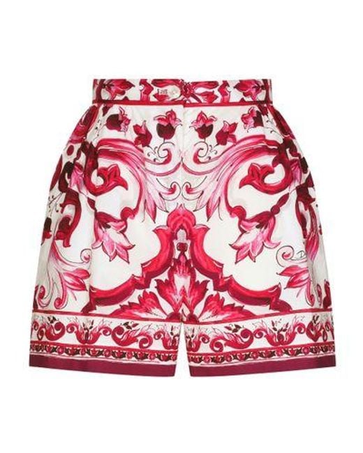 Dolce & Gabbana Red Popeline Shorts With Majolica Print