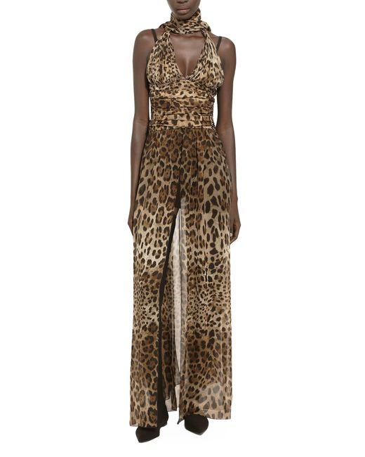 Dolce & Gabbana Natural Langes Kleid aus Chiffon mit Leoparden-Print