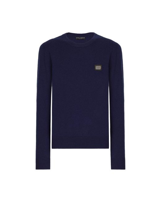 Dolce & Gabbana Blue Wool Round-Neck Sweater With Branded Tag for men