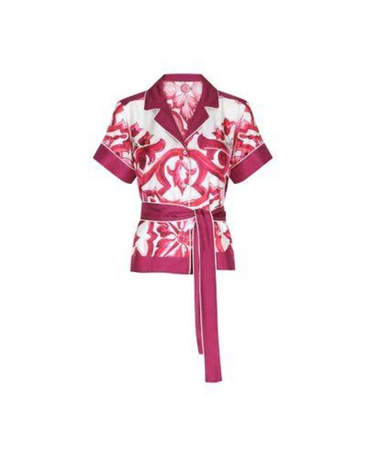 Dolce & Gabbana Red Majolica-print Twill Shirt With Belt