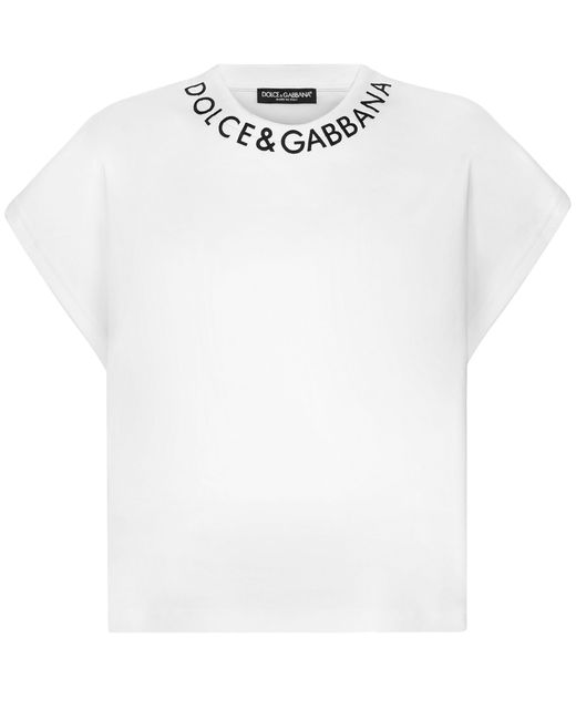 Dolce & Gabbana White Jersey-T-Shirt mit Logo am Hals