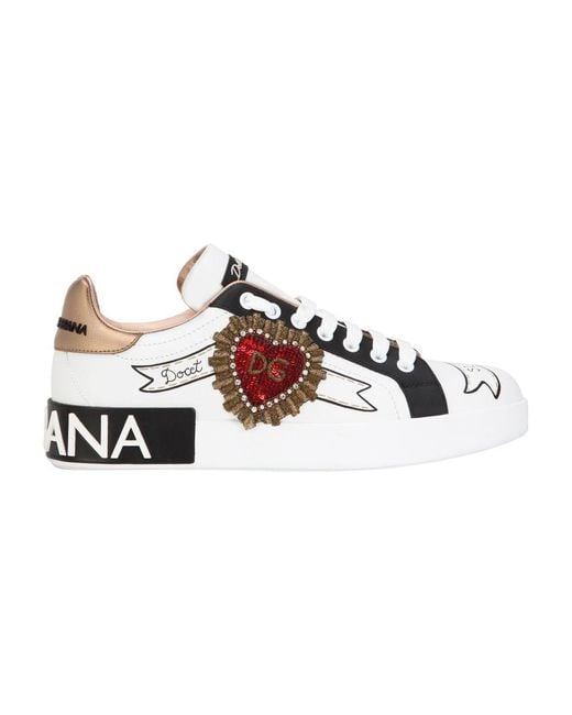 Dolce & Gabbana Red Calfskin Portofino Sneakers With Embroidery