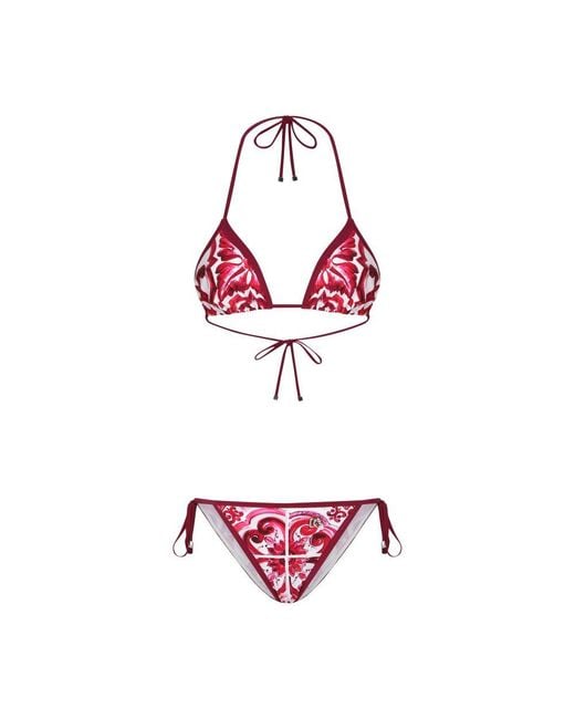 Dolce & Gabbana Red Majolica-Print Triangle Bikini