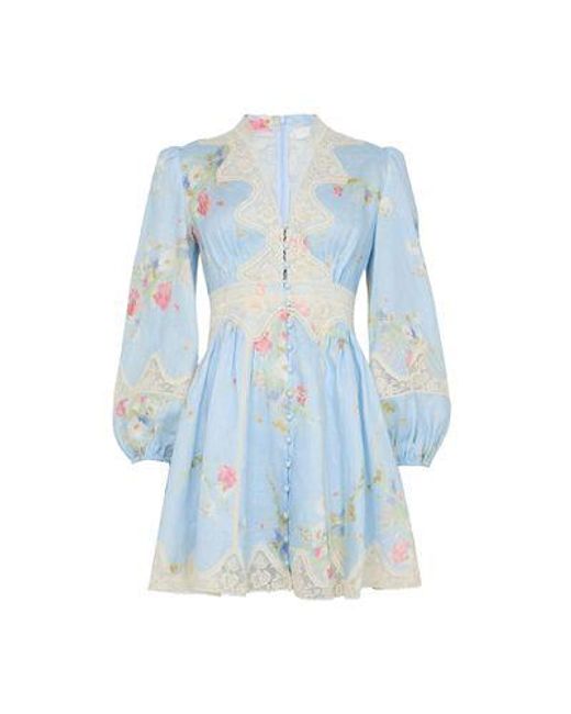 Zimmermann Blue Minikleid Lucky Mit Plunge-Ausschnitt Und Spitze