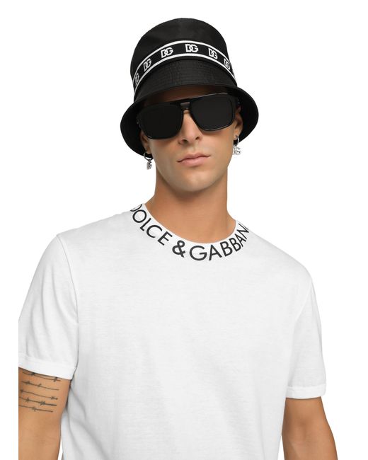 Dolce & Gabbana Black Nylon Bucket Hat With Branded-band Print for men