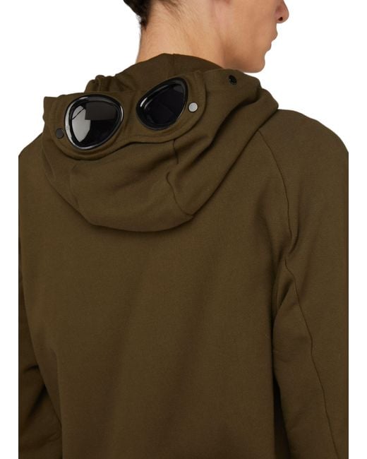 C P Company Green Diagonal Raised Fleece Goggle Zipped Hoodie for men
