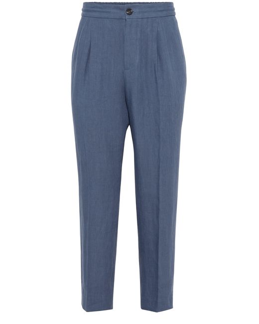Brunello Cucinelli Blue Linen Canvas Trousers for men