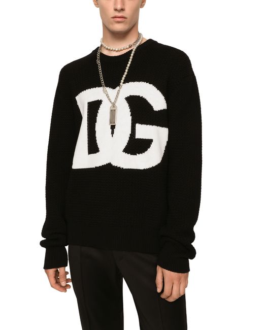 Dolce & Gabbana Black Round-Neck Wool Sweater With Dg Logo Inlay for men