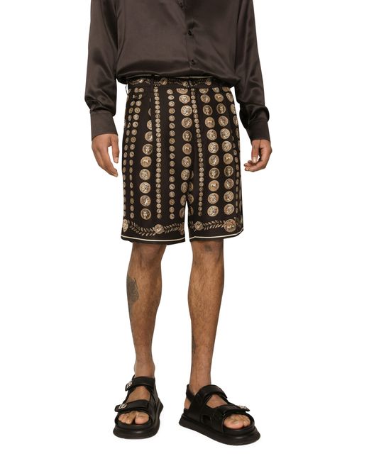 Dolce & Gabbana Black Silk Bermuda Shorts With Coin Print for men
