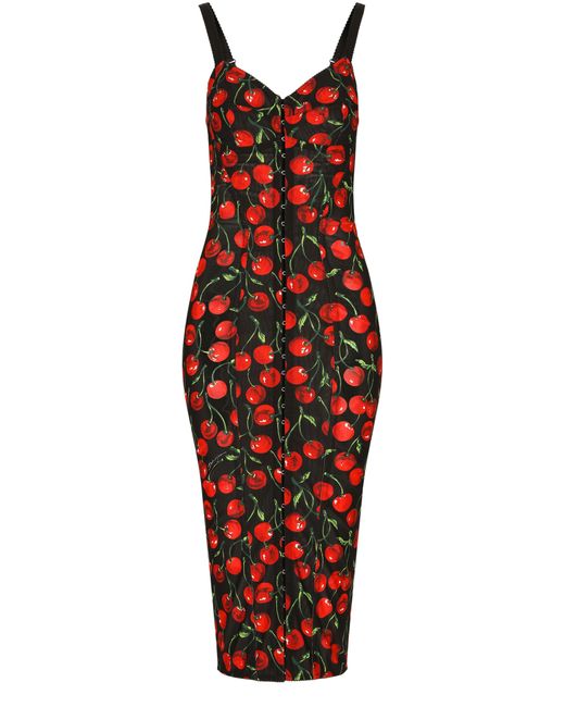 Dolce & Gabbana Red Longuette-Kleid Korsettstil Aus Elastischem Material Kirschenprint