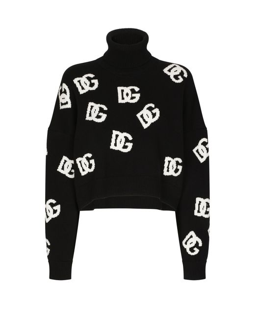 Dolce & Gabbana Black Kurzer Pullover Aus Kaschmir Mit Dg-Intarsienlogo