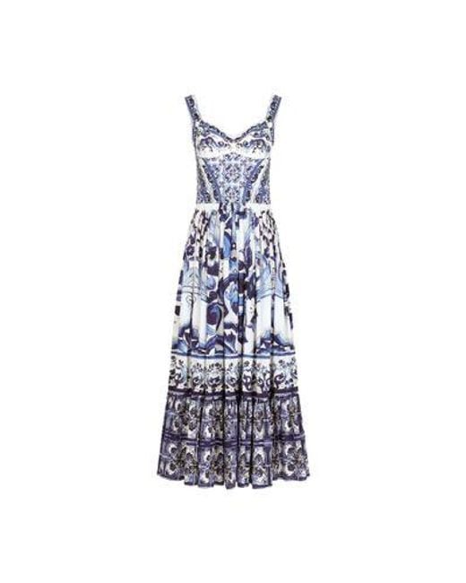 Dolce & Gabbana Blue Bustier Long Dress In Majolica Print Poplin