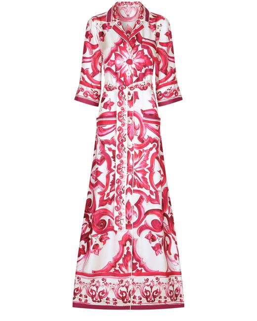 Dolce & Gabbana Red Langes Hemdblusenkleid aus Twill mit Majolika-Print