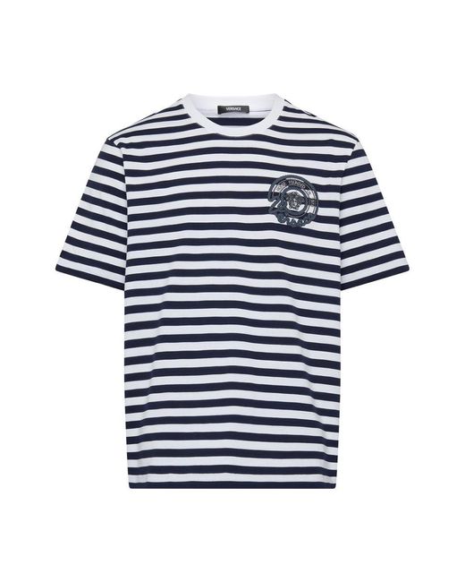 Versace Blue Nautical Emblem Embroidered Striped Jersey T-shirt for men