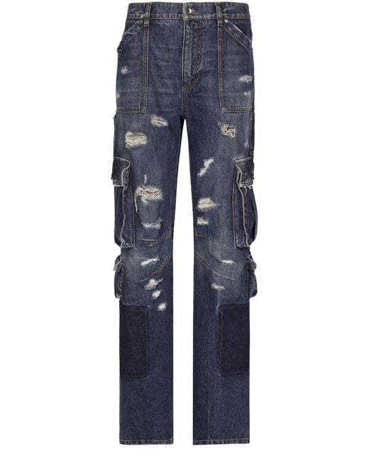 Dolce & Gabbana Blue Denim Cargo Jeans With Rips