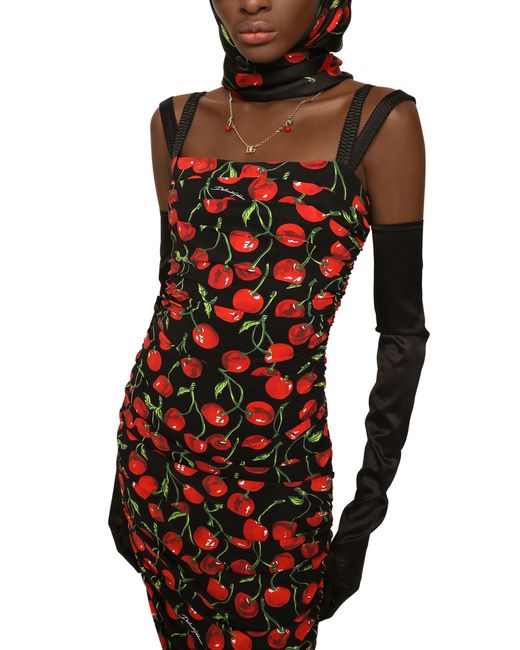 Dolce & Gabbana Red Cherry Print Jersey Midi Dress