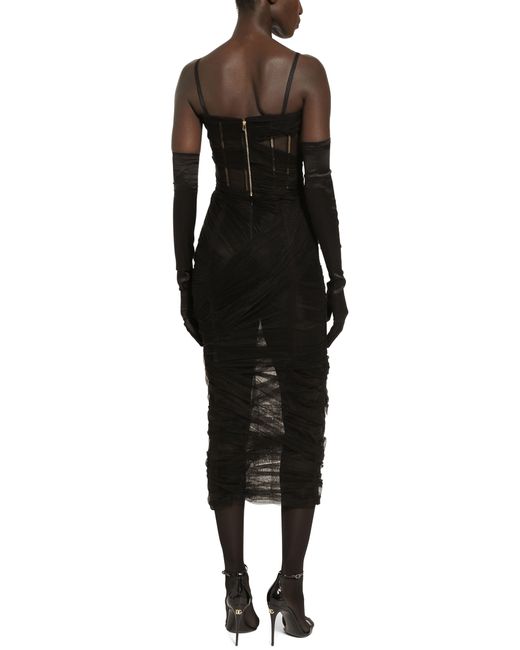 Dolce & Gabbana Black Draped Tulle Bustier Midi Dress