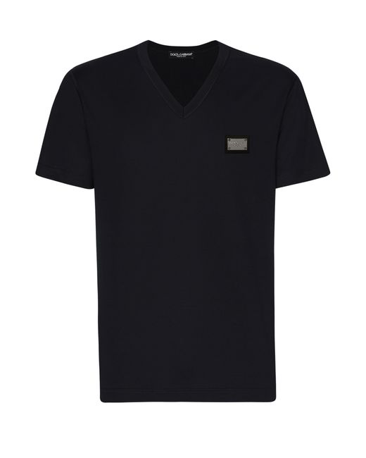 Dolce & Gabbana Black Cotton V-neck T-shirt With Branded Tag for men