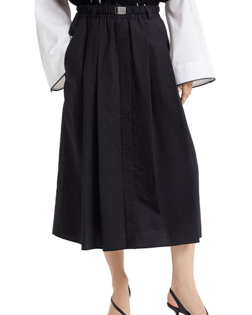 Brunello Cucinelli Black Belted-waist Gather-detail Midi Skirt