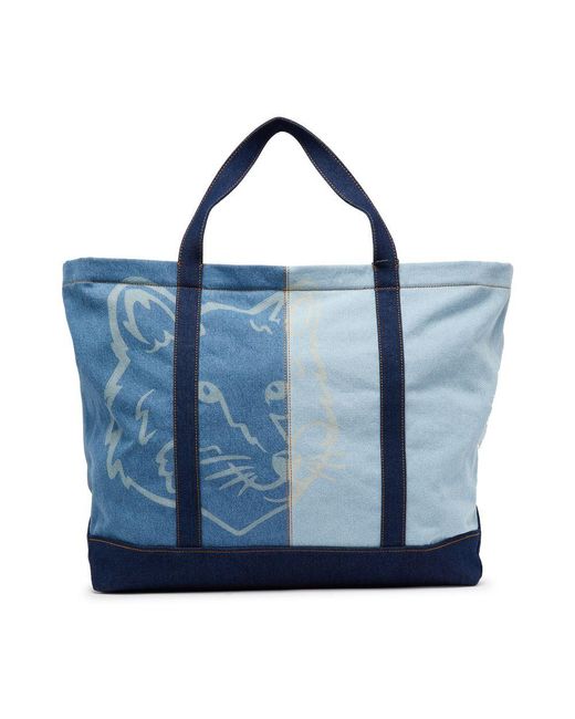 Maison Kitsuné Blue Fox Head Denim Tote Bag for men