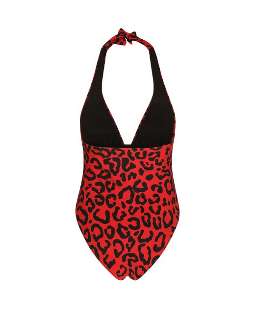 Dolce & Gabbana Red Leopard-print One-piece Swimsuit With Plunging Neckline