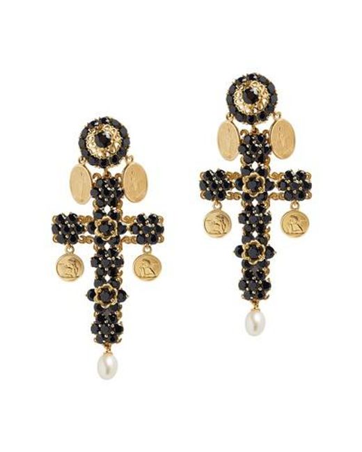 Dolce & Gabbana Metallic Cross Earrings With Sapphires And Medallions