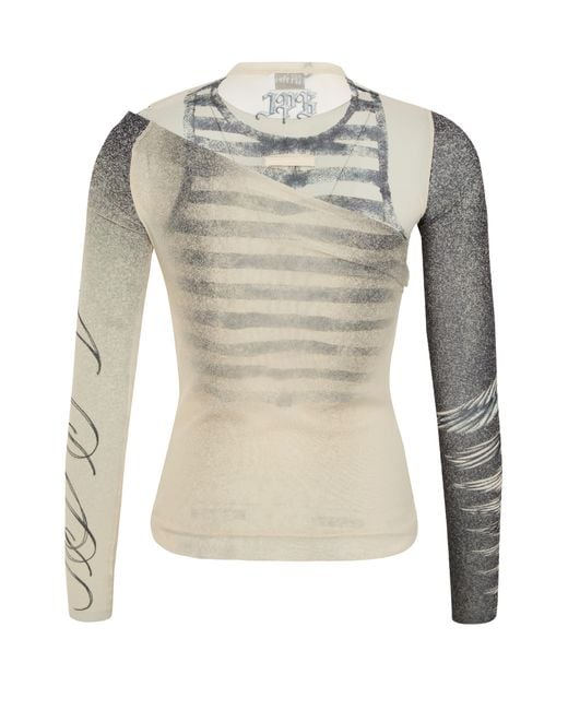 Jean Paul Gaultier Natural Double Layer Printed Mesh Long Sleeves Top