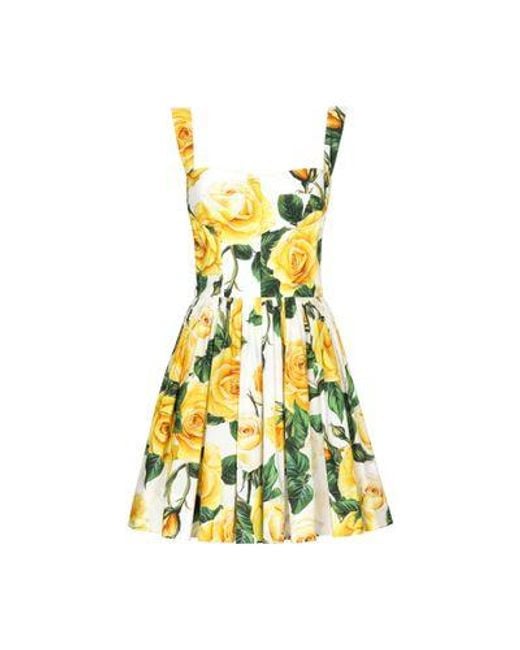 Dolce & Gabbana Yellow Short Cotton Corset Dress With Rose