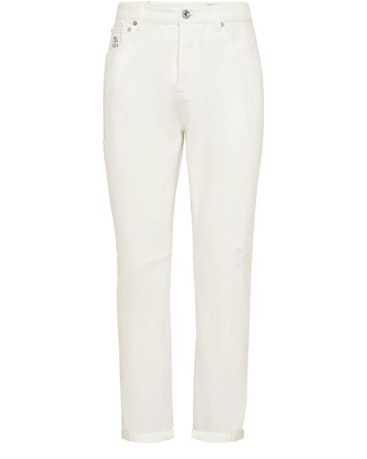 Brunello Cucinelli White Denim Trousers With Rips for men